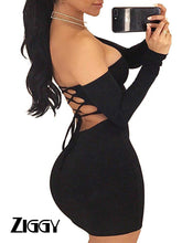 Load image into Gallery viewer, 2020 Ziggy Autumn winter long sleeve dress Women's Sexy Off Shoulder Backless Lace Up Club Mini Dress