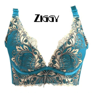 New Ziggy High Quality Polyester Women's Sexy Bra Wire Free Embroidery Push Up Adjustable A B C 3/4 Cup Deep-V Bras Female Big Size Underwear 32 34 36 38 90 42