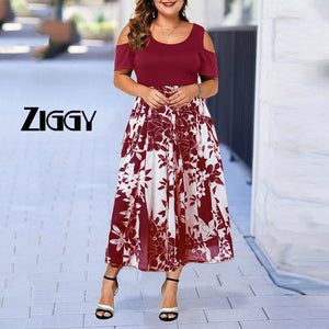 New Ziggy dress women 2020 robe femme vestidos de verano Casual Plus Size O-Neck Print Stitching Off-Shoulder Short Sleeve Dress