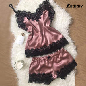 2020 Ziggy Summer Women Sexy Sleeveless Deep V-neck  Satin Silk Lace Sleepwear Sets Cami Shorts Pajamas Set Lingerie Nightdress Pajama