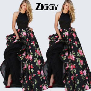 2020 Beautifully Ziggy Women Lady Satin Floral Long Black Print Backless Maxi Dress Club Wear Evening Party Gown