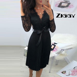 Ziggy  Summer 2020 Women Lace Long Sleeve Casual Dress   Elegant Fresh Black Ribbon Hollow Chiffon Midi Dress