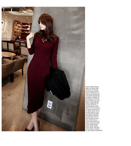 Women  Bodycon Winter Sweater Knitted long red Dresses Ziggy Slim Elastic Turtleneck Long Sleeve Sexy Lady  Robe Dresses