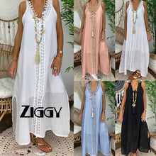 Load image into Gallery viewer, 2020 Women Summer Ziggy Dress Plus Size Sleeveless Holiday Off Shoulder Lace Dress Maxi  Long  Causal Party Beach  Boho Loose  Dresses
