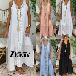 2020 Women Summer Ziggy Dress Plus Size Sleeveless Holiday Off Shoulder Lace Dress Maxi  Long  Causal Party Beach  Boho Loose  Dresses