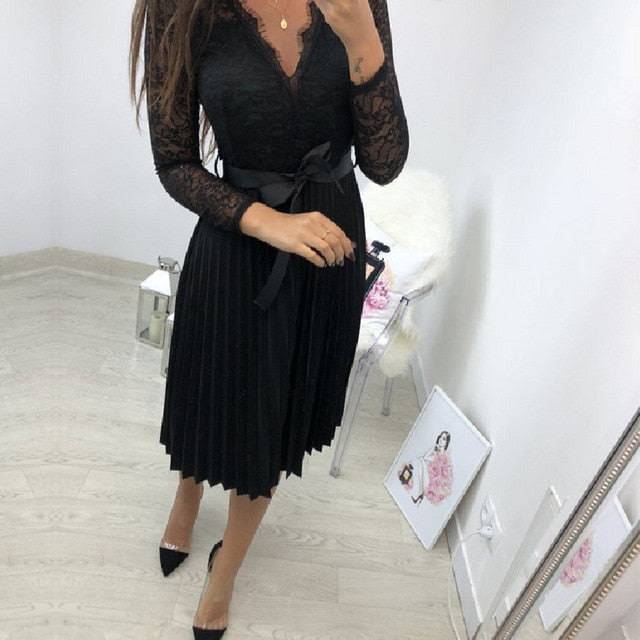 Ziggy  Summer 2020 Women Lace Long Sleeve Casual Dress   Elegant Fresh Black Ribbon Hollow Chiffon Midi Dress