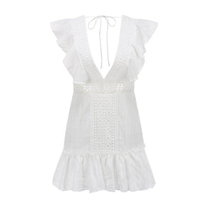 Ziggy 100% Cotton Beautifully Lady Elegant White Embroidery Short Dress 2020 Summer Sexy V Backless Lace up Dress