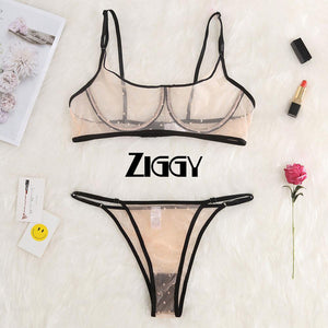 Women spandex Lingerie Set  Women  Lace Underwire Sexy Perspective Two-piece Set ensemble soutien gorge culotte