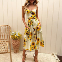 Load image into Gallery viewer, 2020 New Women Print Floral Stripe Long dress Sexy V-Neck Ziggy Sleevele Button Beach Casual Boho Midi Dress Plus Size 3XL vestidos
