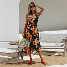 Load image into Gallery viewer, 2020 New Women Print Floral Stripe Long dress Sexy V-Neck Ziggy Sleevele Button Beach Casual Boho Midi Dress Plus Size 3XL vestidos
