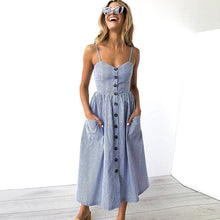 Load image into Gallery viewer, 2020 New Women Print Floral Stripe Long dress Sexy V-Neck Ziggy Sleevele Button Beach Casual Boho Midi Dress Plus Size 3XL vestidos
