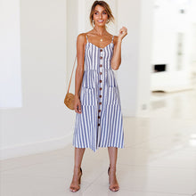 Load image into Gallery viewer, 2020 New Women Print Floral Stripe Long dress Sexy V-Neck Ziggy Sleevele Button Beach Casual Boho Midi Dress Plus Size 3XL vestidos
