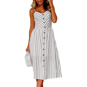 2020 New Women Print Floral Stripe Long dress Sexy V-Neck Ziggy Sleevele Button Beach Casual Boho Midi Dress Plus Size 3XL vestidos