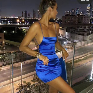 2020 summer Strap Ziggy Mini Satin Dress Women Sexy Backless Cross Bandage Bodycon Party Dress Pleated Stretch Short Club Dress