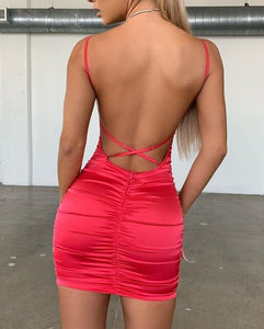 2020 summer Strap Ziggy Mini Satin Dress Women Sexy Backless Cross Bandage Bodycon Party Dress Pleated Stretch Short Club Dress